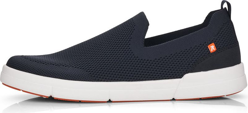 navy slip-on shoe with a white sole and orange accents