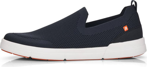 navy slip-on shoe with a white sole and orange accents