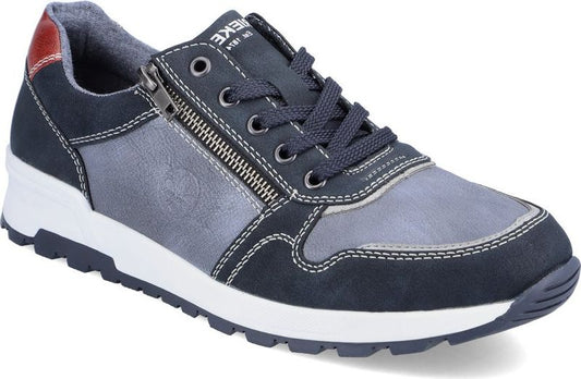 Navy blue and grey athletic shoe with a zipper.