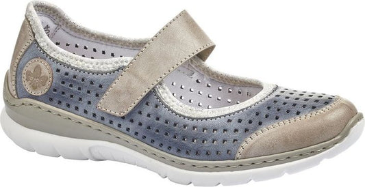 Blue Mary Jane shoe with beige strap and gray sole.