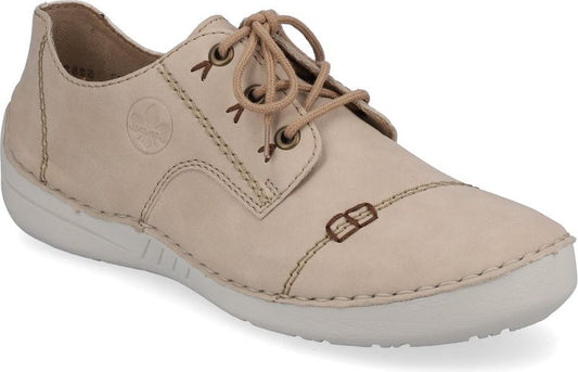 Beige low-top shoe with laces and white sole.