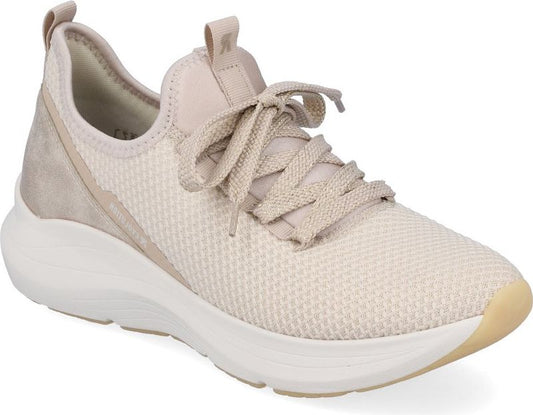 Beige athletic shoe with off-white sole and lace-up closure.