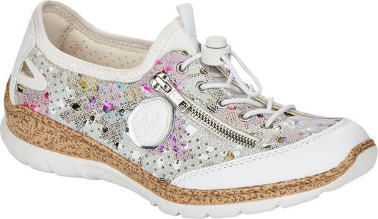 White floral print sneaker with a white toe, tan midsole, zipper, and elastic laces.