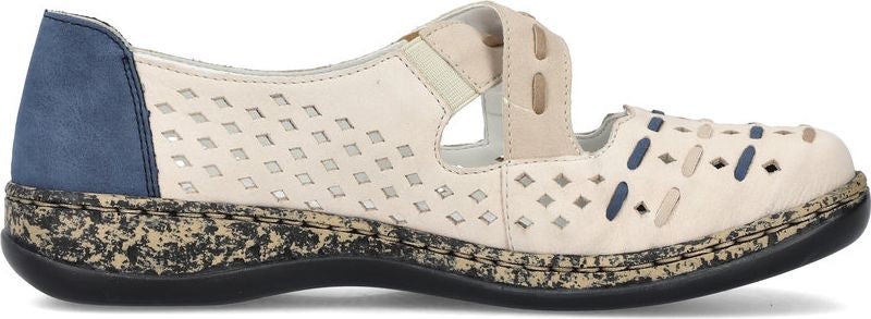 A low-heeled, perforated, beige shoe with a blue heel and a strap.