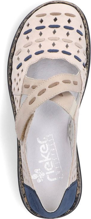 A beige sandal with geometric cutouts and a velcro strap.