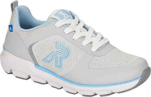 A gray and white running shoe with a light blue inner lining and accents. It has a mesh upper, white laces, and a logo with the letters "R" and "P" on the side.