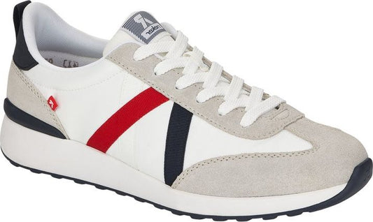 White sneaker with red, white, and navy stripes and gray suede accents.