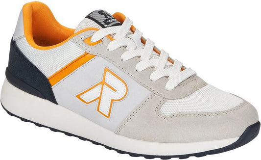 White athletic shoe with orange trim and white laces, featuring a prominent "R" logo and a navy heel.