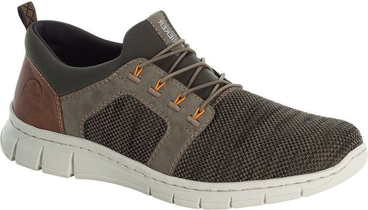 Slip-on shoe with brown-grey textured upper, faux laces, light sole, and brown heel.