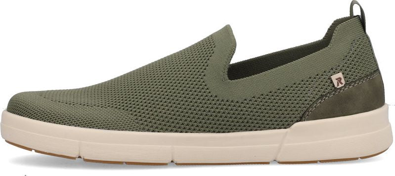 An olive green slip-on sneaker with a white sole.