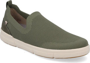 Olive green slip-on sneaker with a white sole.
