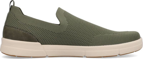 Olive knit slip-on shoe with a thick tan sole.