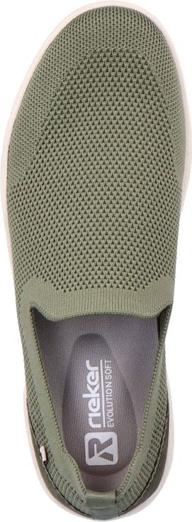 Olive slip-on sneaker with a white sole and a knit upper.