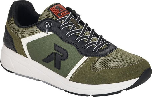 Green sneaker with black and white accents, featuring the letter "R" on the side and lace-up closure.