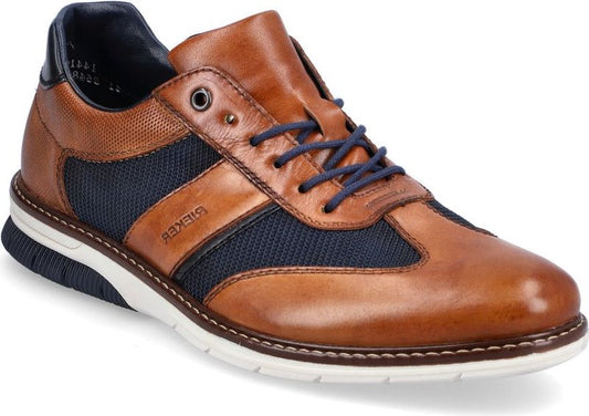 Brown leather shoe with blue laces and mesh inserts.