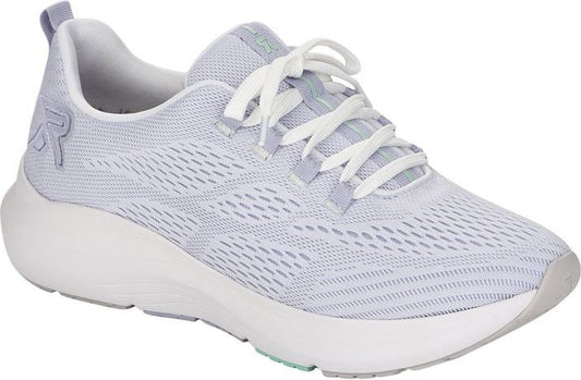 Light purple sneaker with white laces and sole, breathable mesh upper, letter 'R' logo.