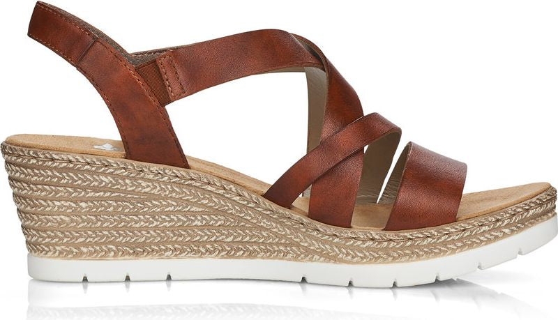 Brown wedge sandal with multiple straps and braided detail around the wedge.