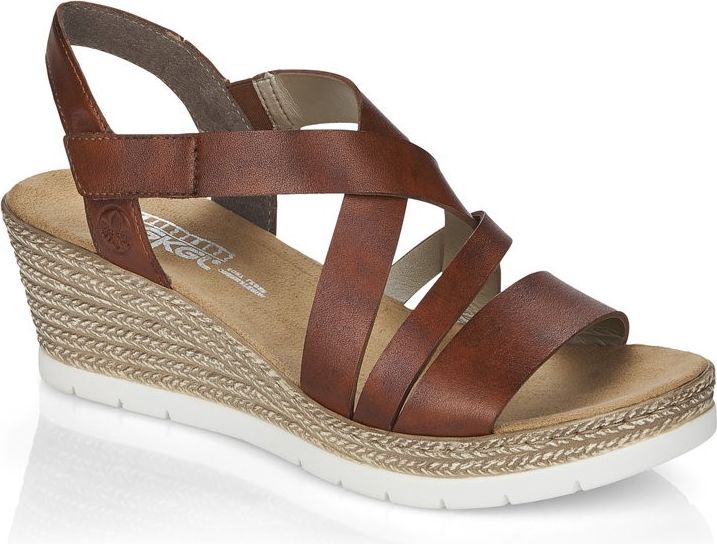Brown wedge sandal with multiple straps crossing the upper foot and ankle.