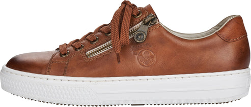 A brown leather sneaker with a white sole and laces.