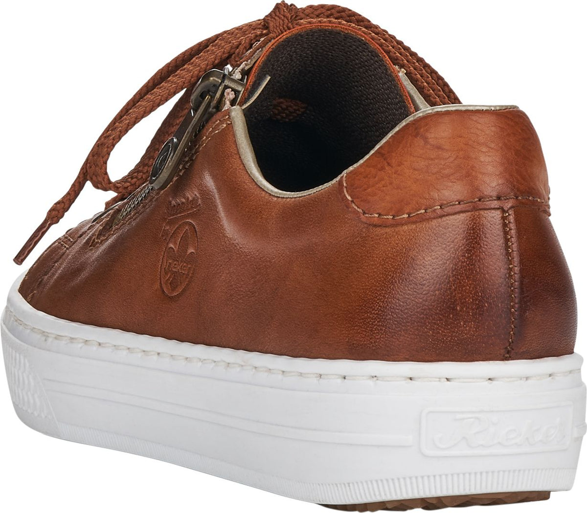 Low-profile brown leather sneaker with white sole and brown laces.