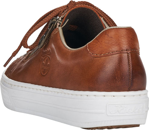 Low-profile brown leather sneaker with white sole and brown laces.
