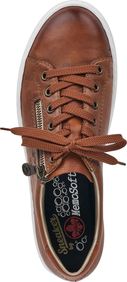 Brown sneaker with shoelaces and a side zipper.