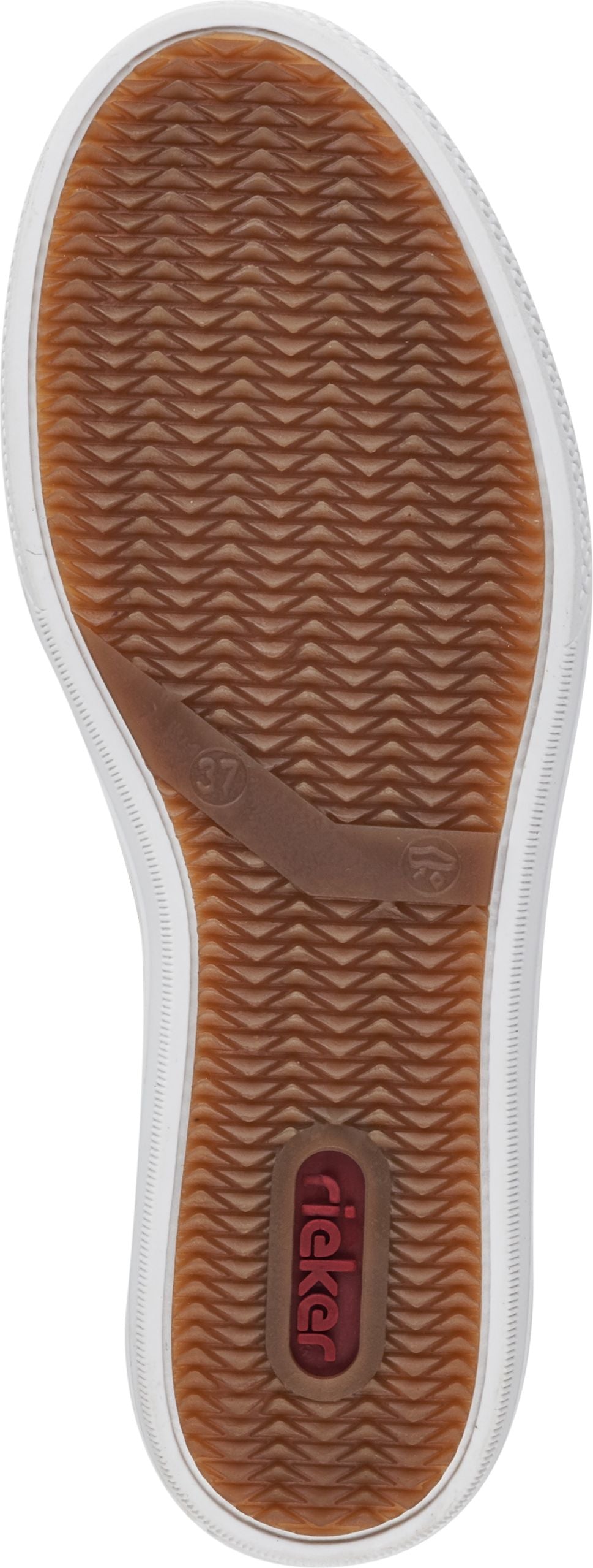 Close-up of the sole of a shoe with textured brown rubber.