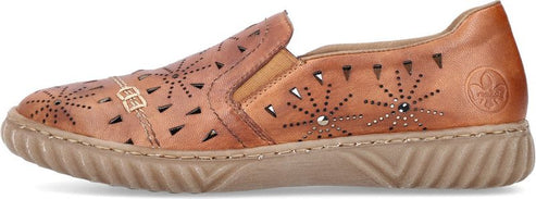 Tan leather slip-on shoe with perforated designs.