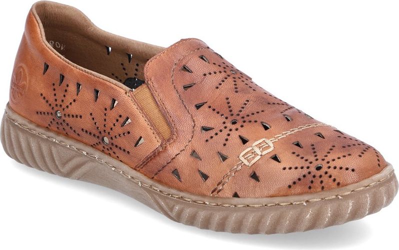 Brown slip-on shoe with laser-cut starburst pattern.