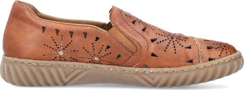 A brown leather slip-on shoe with decorative perforations.