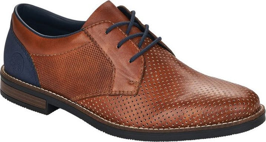 A brown, leather, lace-up dress shoe with a rounded toe and perforation detail.