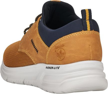 Low-top brown sneaker with white sole, navy blue and yellow accents, and a lace-up closure.