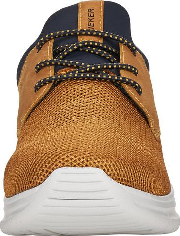 Front view of a mustard yellow, lace-up sneaker with a white sole, a blue and yellow shoe lace and "RIEKER" printed on the heel.
