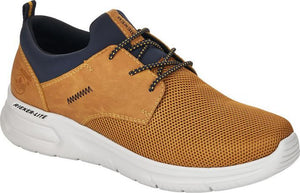 Tan sneaker with navy accents, a white sole, and black and tan laces; the side has the text "RIEKER-LITE".