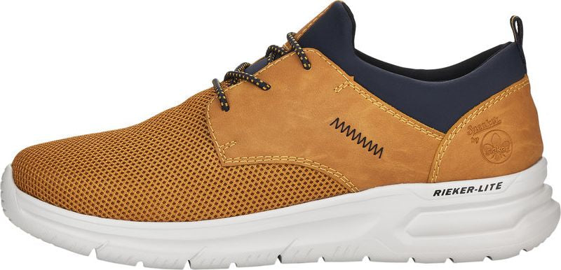 A brown and white athletic shoe with laces.