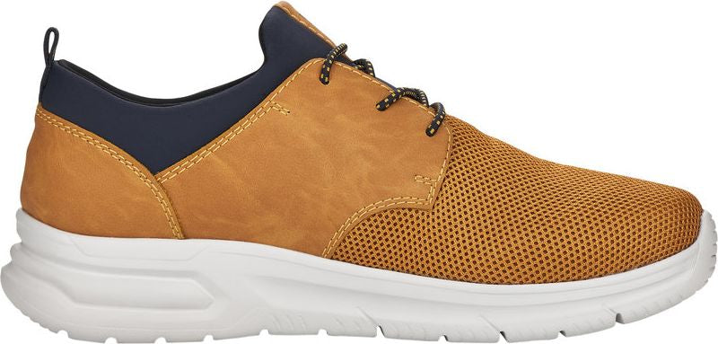 A tan sneaker with navy accents and a white sole.