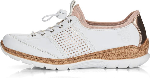 White sneaker with perforated sides, cord laces, a faux cork midsole, and copper trim on the heel.