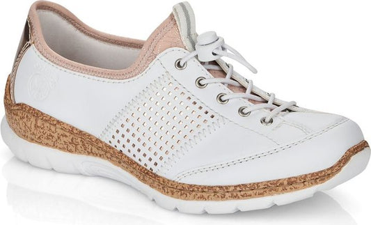 A women's white leather shoe with a perforated side panel and a tan cork wedge heel.
