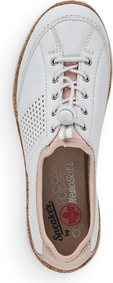 A white sneaker with a cork sole and a pull-string lace system. The insole shows the text "Sneaker by Memosoft".