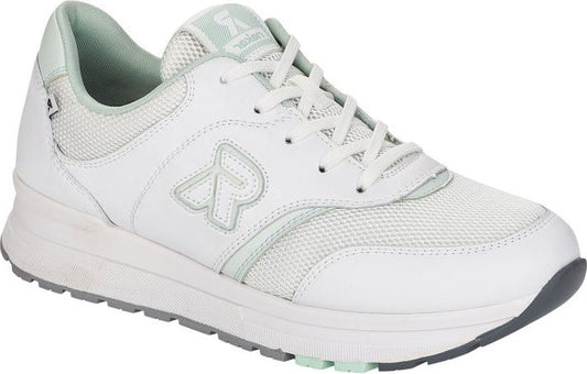 White sneaker with mesh and leather accents, lace-up closure, and a thick white sole.