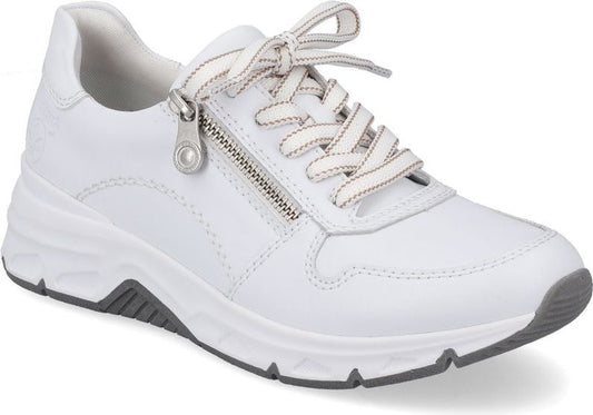 White sneaker with side zipper and white laces, elevated white and gray sole