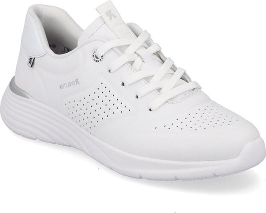 A white athletic shoe with white laces and white sole. The shoe has holes in the side and silver accent on the heel. Text "MATT LOPER" is visible on the side of the shoe.
