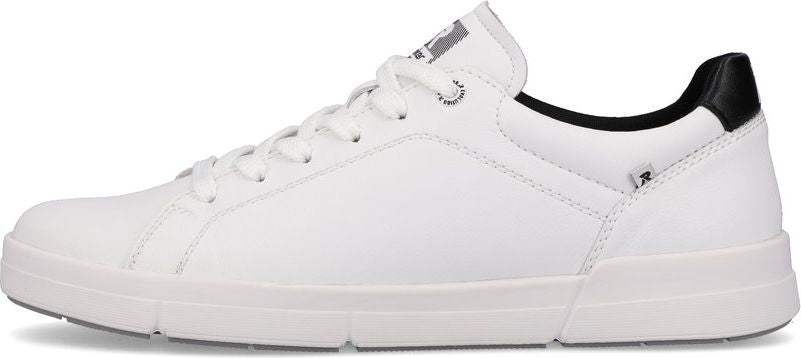 A white sneaker with black accents.