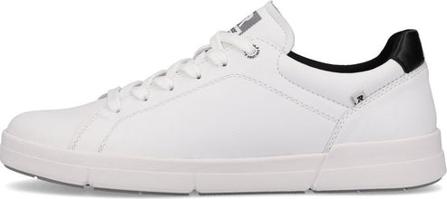 A white sneaker with black accents.
