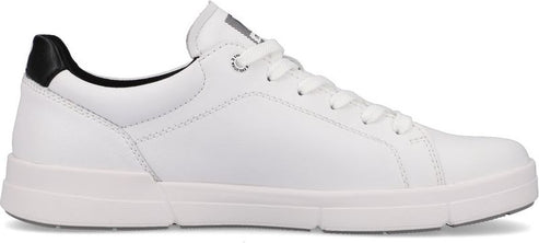 A white sneaker with black accents, featuring a lace-up closure and a low-profile design.