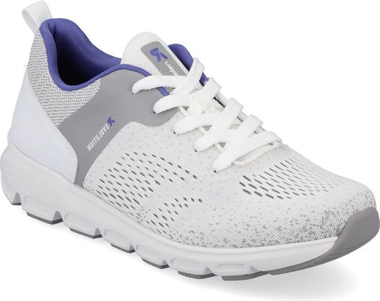 A white sneaker with a lavender interior and grey stripe, featuring a perforated mesh upper and white laces.