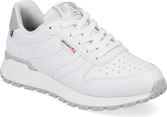White sneaker with white laces, grey heel and soles. The label reads 'FAIRRHYTHM'.