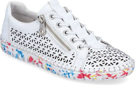 White perforated leather sneaker with side zipper and colorful patterned sole.