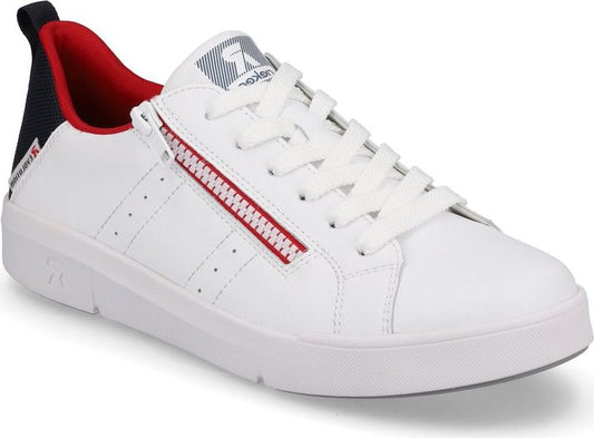 A white sneaker with white laces, a red zipper, a red interior, and the text "ara" in white on the black part of the heel.