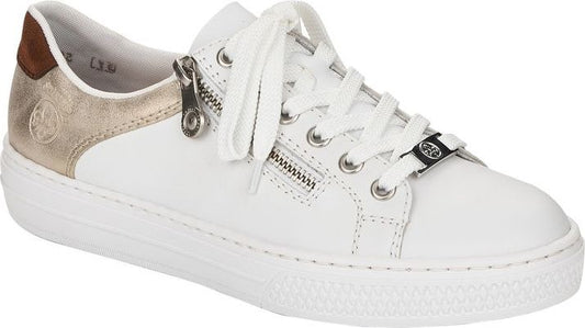 A white sneaker with laces and zipper detail.